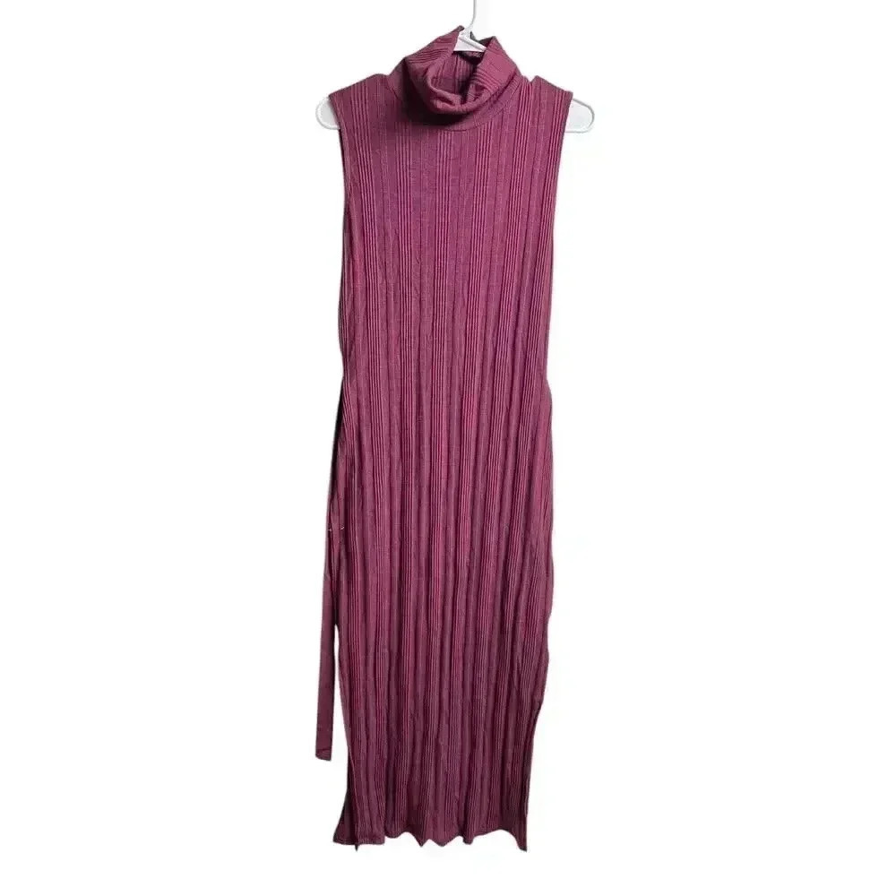 Asos Design Column Ribbed Sleeveless Turtleneck Maxi Dress Burgundy 10